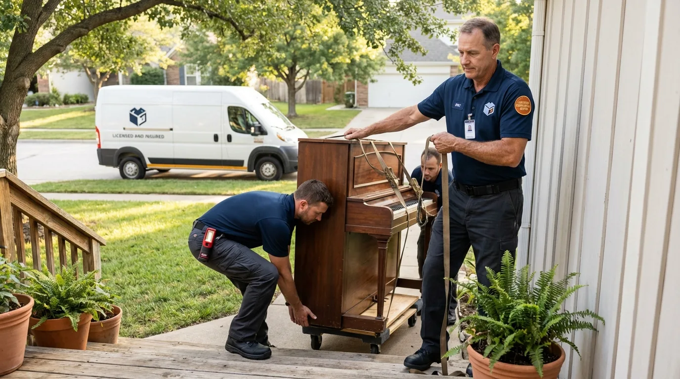 Licensed piano movers securing grand piano in Pearl River, LA