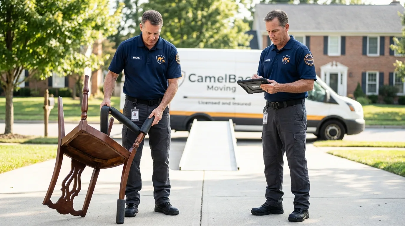 Movers inspecting furniture for damage prevention before loading in Pearl River, LA