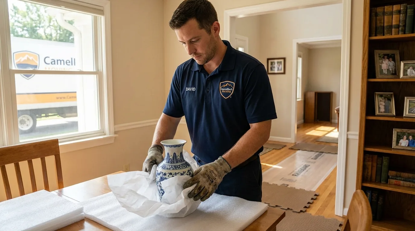 Professional crew carefully wrapping antique vase for senior downsizing move in Pearl River, LA